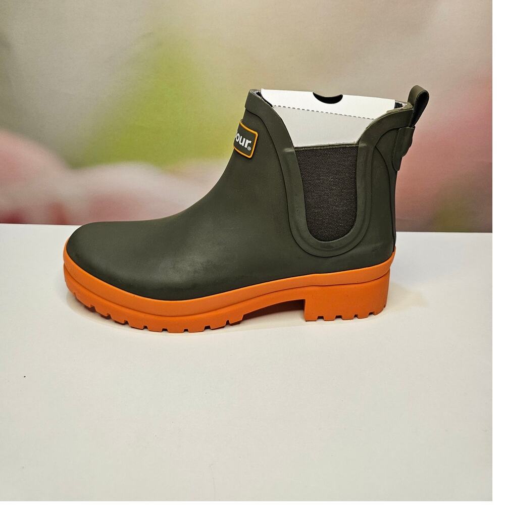 Barbour Olive Green and Orange Chelsea Rain Boots - Picture 6 of 9
